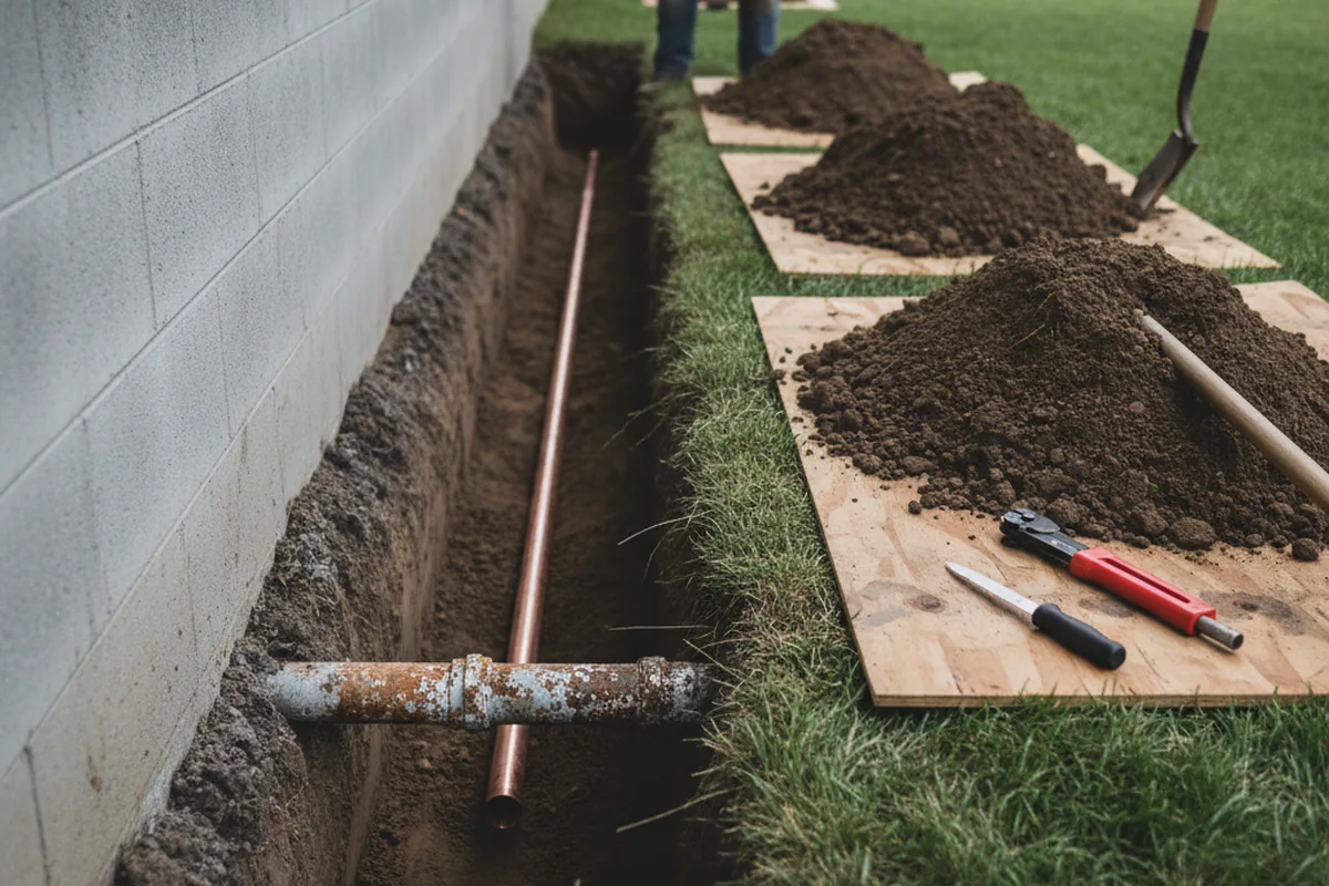 Excavated water line trench during Water Softener Installation in Olive Hill
